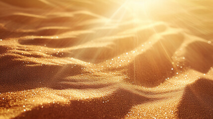 Grains of sand glowing in the desert wind during sunset. Closeup of beautiful summer sunset illuminated sandy beach - obrazy, fototapety, plakaty