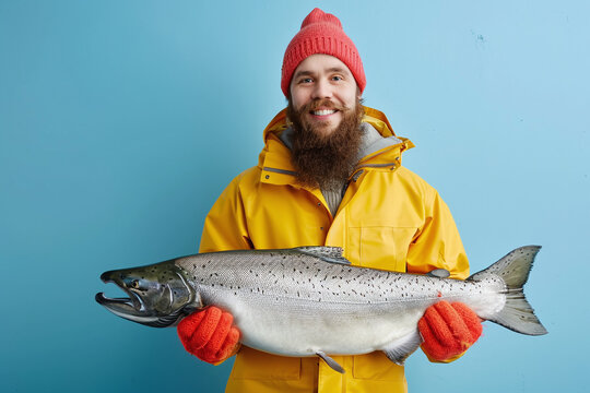 Bearded fisherman in yellow anorak and red hat proudly holding huge fish in hands, demonstrating his successful catch. Horizontal portrait of skilled workman posing with big catch on blue background. 