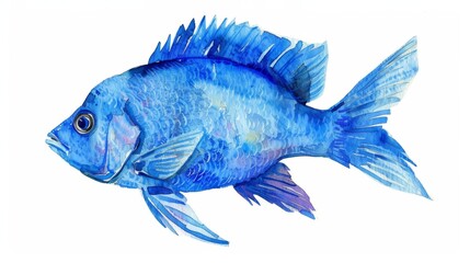 Vibrant Blue Fish on White Background Generative AI