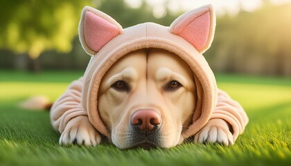 Cachorro vestindo onesie deitado em gramado - obrazy, fototapety, plakaty