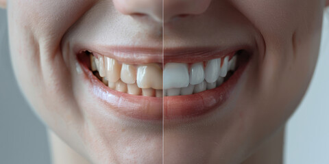 Fototapeta premium Close-up photo before and after whitening treatment or dental veneers procedure on teeth