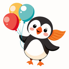 create a white background Cute little puffin holds balloon