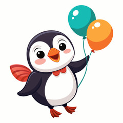 create a white background Cute little puffin holds balloon