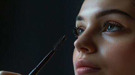 Close-up of beauty woman applying black mascara on eyelashes with makeup brush. Eyelash extensions, makeup, cosmetics. beauty, skincare. Copy space area