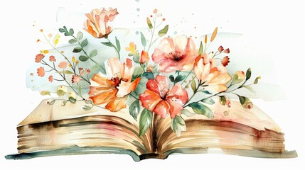 Watercolor Flowers in a Vintage Book Generative AI