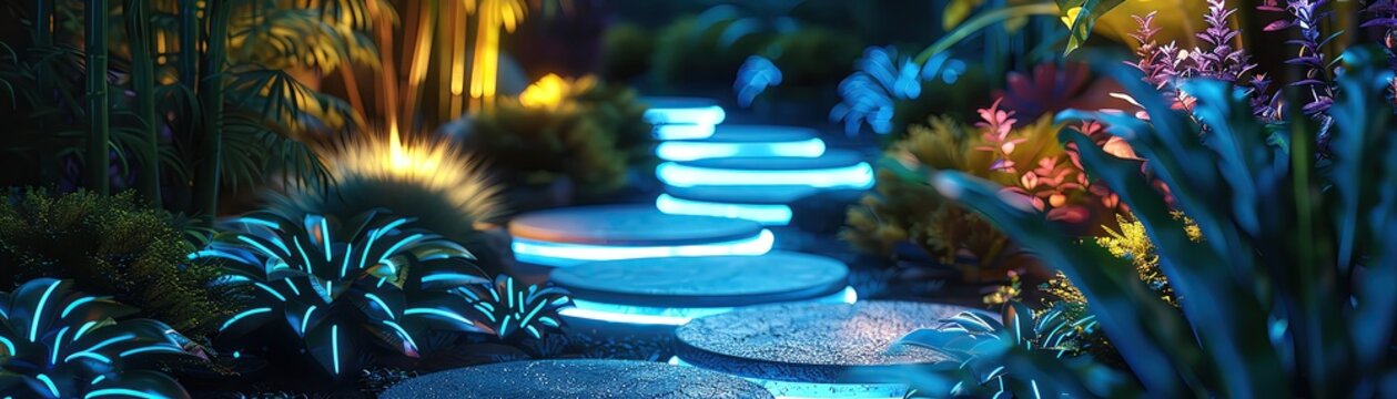 A glowing blue path through a lush garden at night