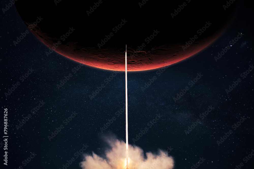 Wall mural rocket with blast and smoke takes off to the red planet mars mars, concept. spacecraft lift off to e