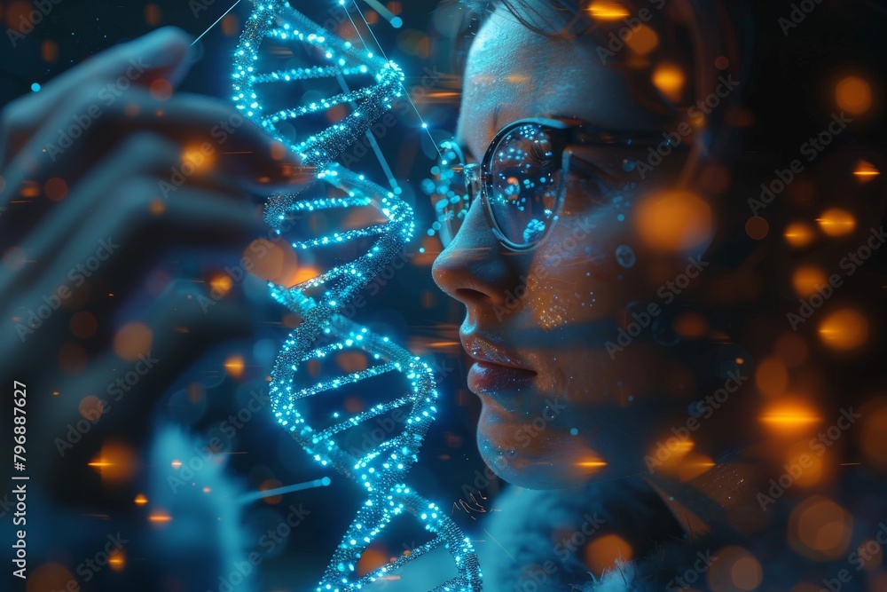 Poster an artistic digital visualization of dna structure with a creative blank space for custom content am