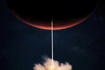 Rocket with blast and smoke takes off to the red planet mars mars, concept. Spacecraft lift off to explore other planets. Rocket launch © alones
