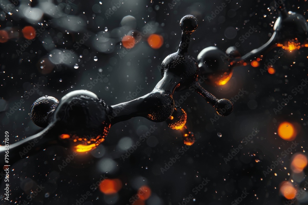 Poster a close-up rendering of an abstract molecular structure with glowing connections amidst a dark, boke