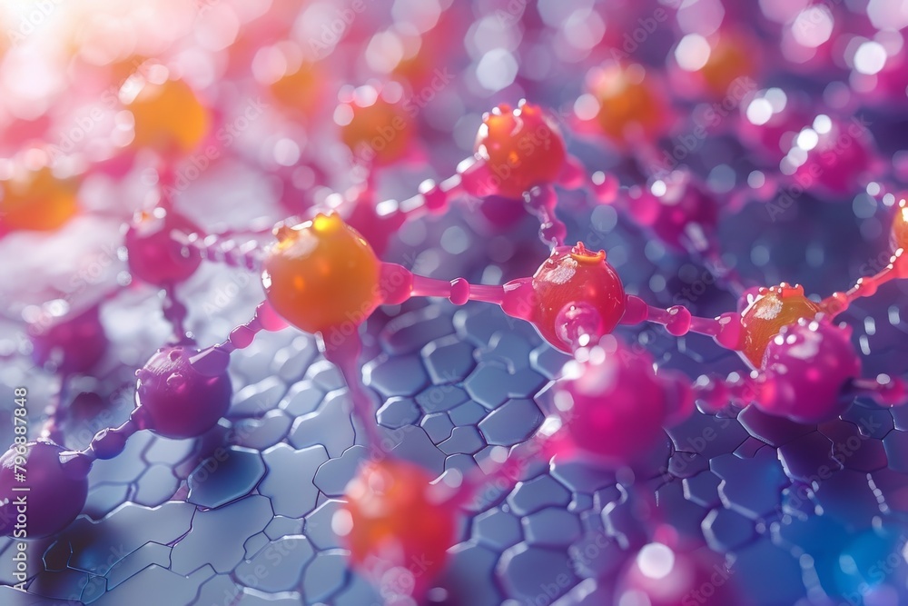 Poster illustration of a colorful surface covered with molecular patterns depicting nanotechnology and mate