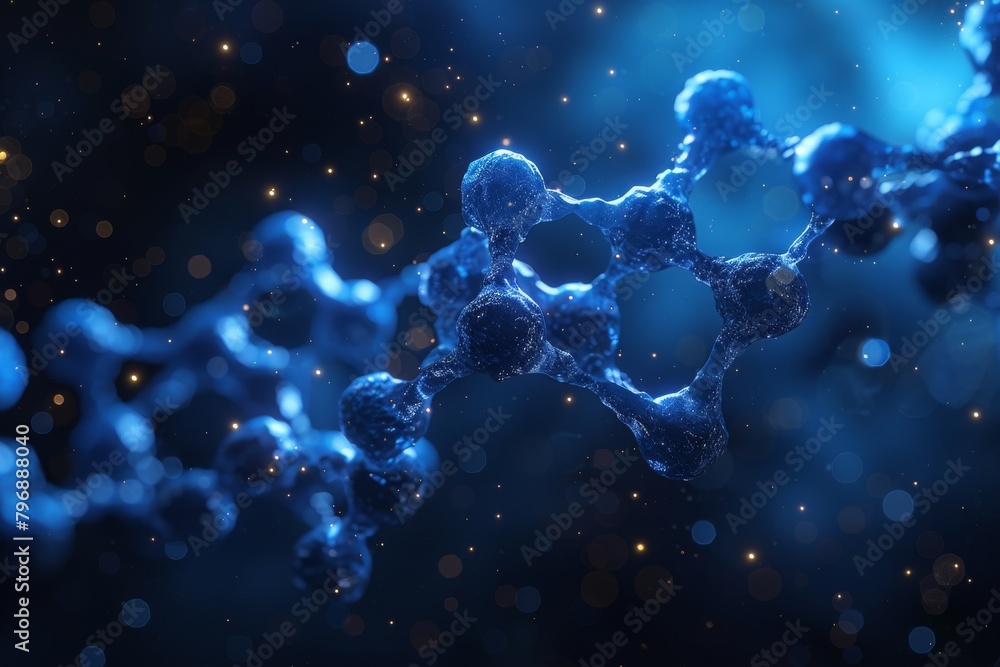 Poster dynamic 3d molecules with connecting lines and particles in shades of blue, portraying a notion of n