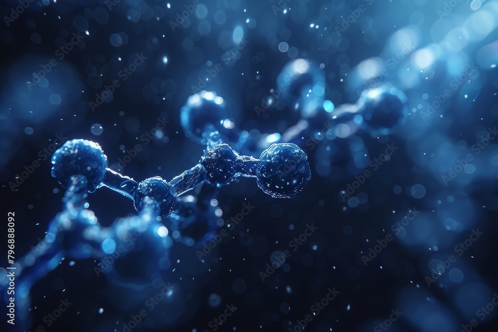 Poster a stunning visual of molecular structures with shimmering light effects in varying blue tones sugges