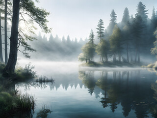 Veiled in Mist: Ethereal Landscape with Foggy Lake at Dawn. Nature's Mystery. generative AI