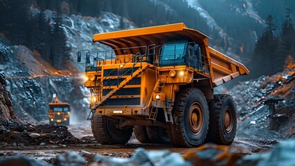 Rent a Modern Mining Dump Truck for Bulk Cargo Delivery at Construction Sites. Concept Construction Equipment Rental, Dump Truck Rentals, Cargo Delivery Services, Modern Mining Trucks