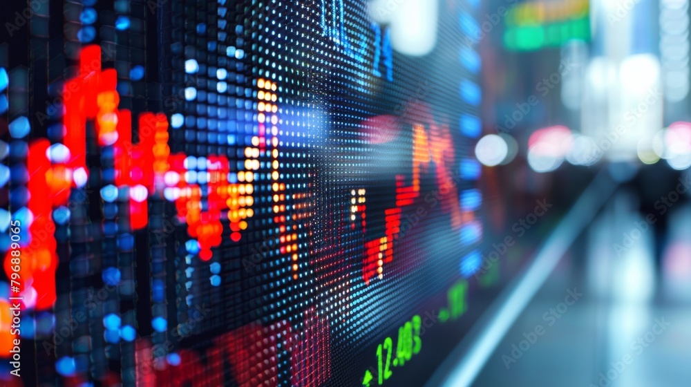 Poster a close-up photo of a stock market ticker displaying a rapidly rising stock price.