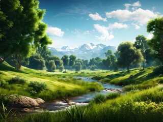 Fototapeta na wymiar Verdant Paradise: Lush Green Landscape Offers a Breath of Fresh Air. Nature's Embrace. Emerald Expanse: Rolling Hills Cloaked in Lush Green. Nature's Majesty. generative AI