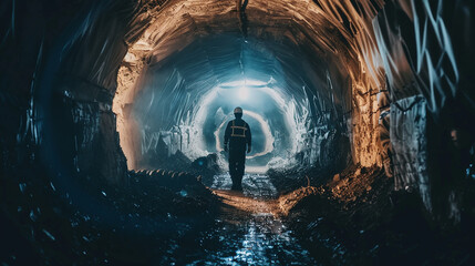 Underground gold mine shaft tunnel drift with miner. A miner walking through an underground mine.
