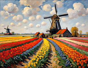 Tulip Fields in Holland with red, orange and yellow tulips and a windmill in the background in the style of a impressionist painter