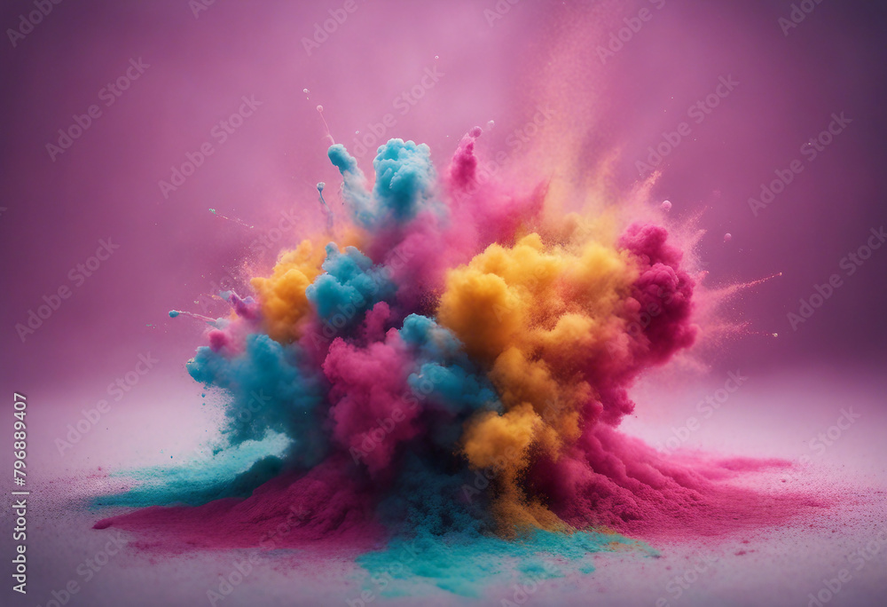 Poster explosion splash of colorful powder with freeze isolated on background abstract splatter of colored
