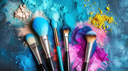 Fototapeta premium Make-up brushes with colorful powder explosion isolated on colored background banner with copy space area