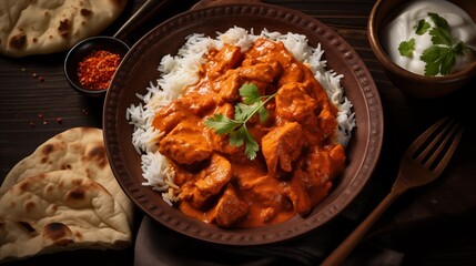 Traditional Indian dish Chicken tikka masala with spicy curry meat in bowl, basmati rice, bread naan on wooden dark background, top view, close up. Indian style dinner from above.