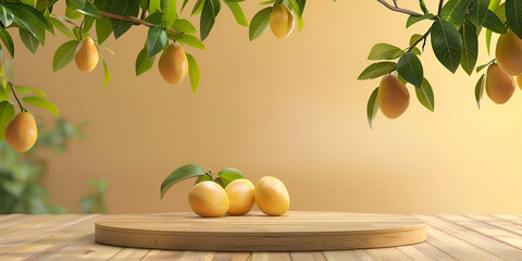 fresh mango on wood branch & round wood podium with green leaves a copy space with blur forest garden background 