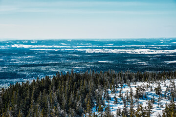 View westward from the Tjuvaaskampen Hill, part of the Totenaasen Hills, Norway, a winter day in March.