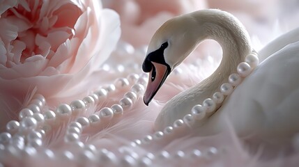 Glistening pearls delicately adorn the neck of a porcelain-white swan, embodying elegance and grace in its purest form.