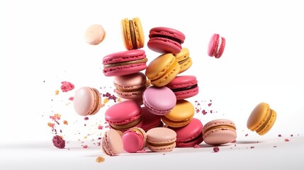 Various colorful of macarons floating on the air isolated, Desserts sweet cake concep.