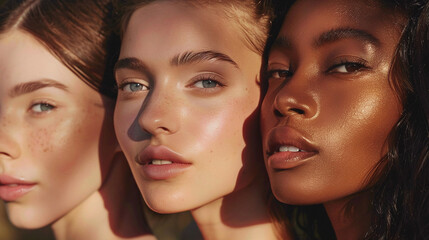 Diversity of many ethnic groups, different young women, group headshots in collage mosaic collection. Many multicultural faces are looking at the camera. Beauty banner