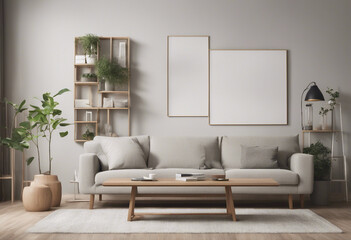 Two different size blank artwork frame mock up in living room interior in cozy Scandinavian and modern style decoration with sofa wooden table and pla