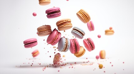 Obraz premium Various colorful of macarons floating on the air isolated, Desserts sweet cake concep.