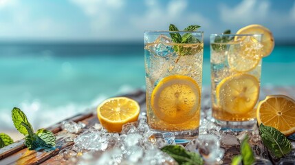 Lemonade with ice and mint. Two glasses on the side. The beach and the ocean in the background.