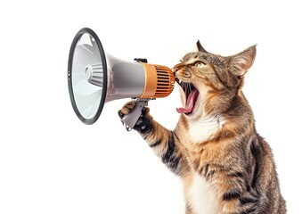 A cat sitting on its hind legs screams into a megaphone on a white background.