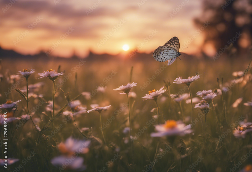Wall mural nature garden field with fresh flower and butterfly wild grassland in spring season with sunset - Wall murals