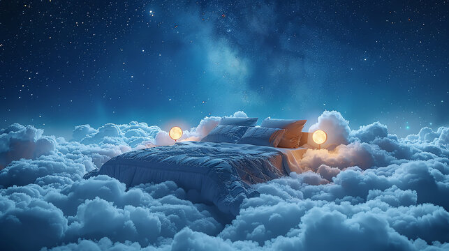 bed in clouds at night symbolic for deep sleep