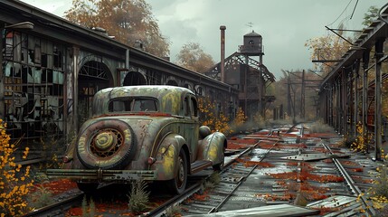Imagine an abandoned railway station, where echoes of bygone eras linger in the air like whispers. Across the rusted tracks, a vintage automobile rolls with quiet determination,