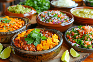 Colorful mexican feast on rustic wooden table