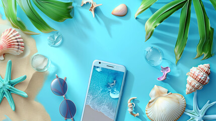 Summer accessories concept, ad banner template with copy space for text or advertise. Summer collection on pastel blue background. Web banner size. Tourist reservation. Travel agency advertise