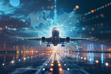 Technology digital future of commercial air transport concept, Airplane taking off from airport runway on city skyline and world map background with copy space