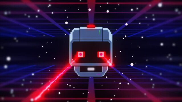 Boss of the 80-th level, space stage with evil robot shooting red plasma from his eyes. Console video game concept background