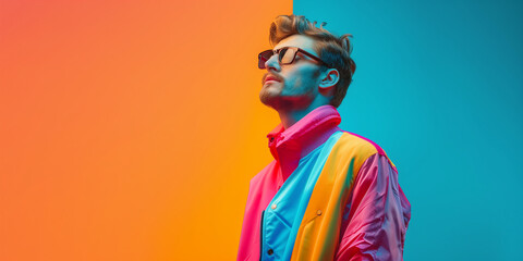 A young European from Generation Z shows off a fashionable outfit in bright neon colors. Its distinct look reflects the modern fashion and creativity of this generation.