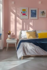 A modern and minimalistic bedroom with pastel colors, featuring soft pink walls, light grey floor tiles, white furniture