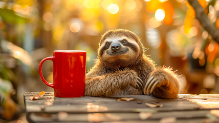 Cool sloth start day with good coffee charge energy in the morning  , Funny animals concept .