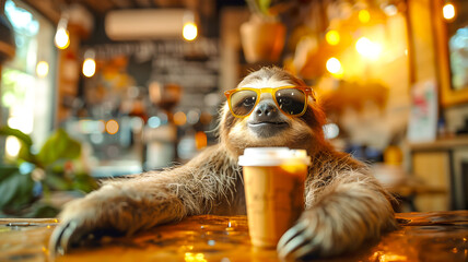 Cool sloth start day with good coffee charge energy in the morning  , Funny animals concept . - obrazy, fototapety, plakaty