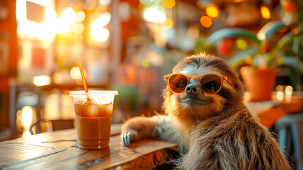 Cool sloth start day with good coffee charge energy in the morning  , Funny animals concept .