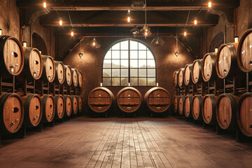 Wine barrels in wine vaults, Wine or whiskey barrels, French wooden barrels.