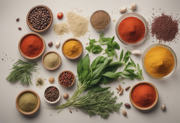 Top view of Herbs and spices isolated on background ingredients for cooking food healthy vegetables