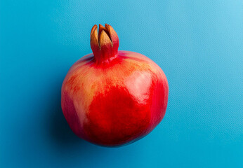 A single pic Pomegranate on blue background top view